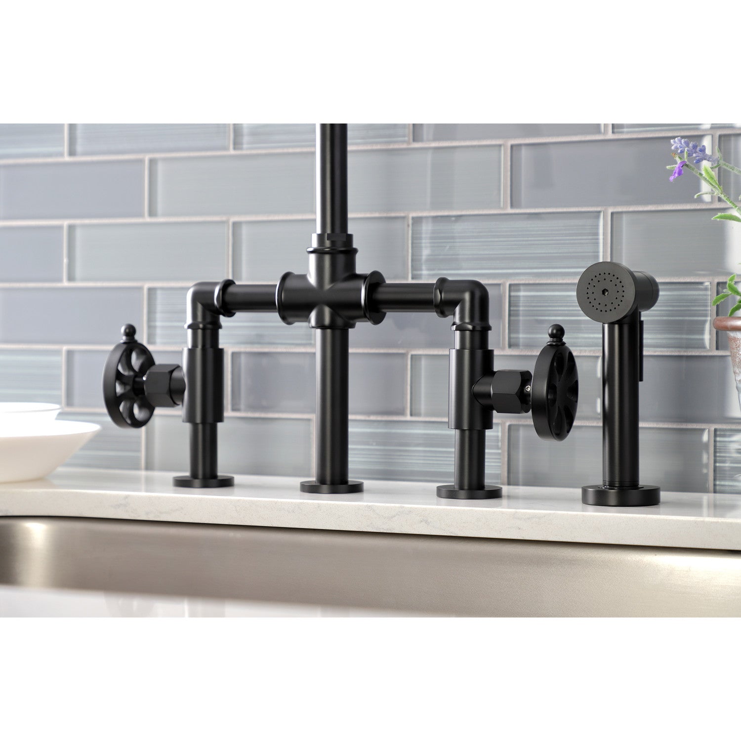 Kingston Sona KS2330RX - Belknap Two-Handle 4-Hole Deck Mount Industrial Style Bridge Kitchen Faucet with Brass Sprayer, Matte Black — thumbnail 3